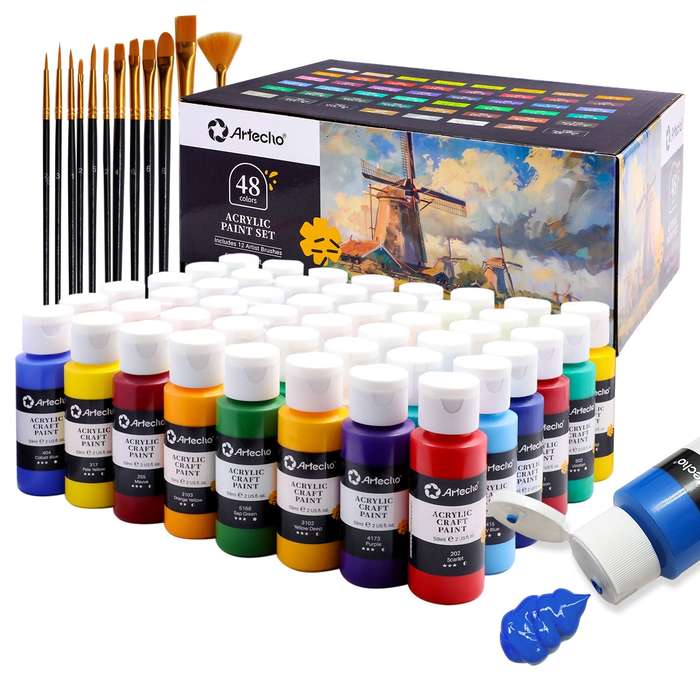 Artecho 48 Colours Acrylic Paint Set & 12pc Paint Brush Set - 59ml Bottles