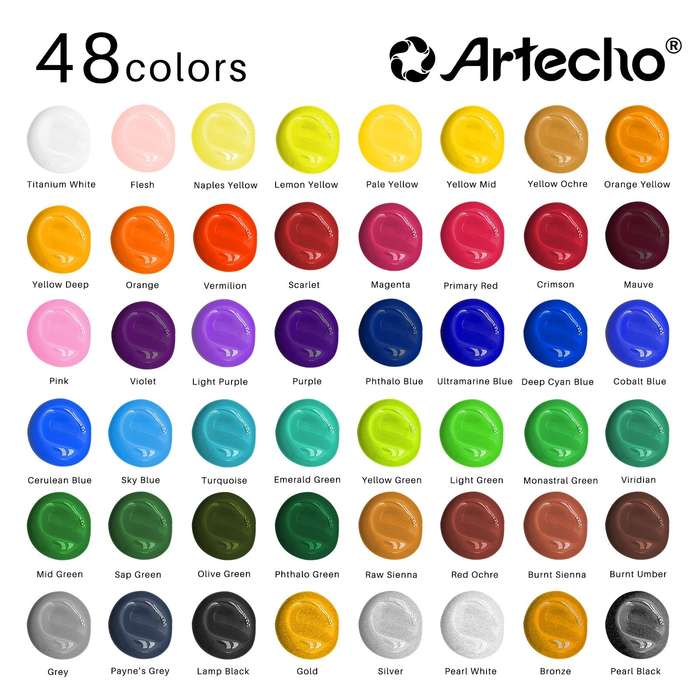 Artecho 48 Colours Acrylic Paint Set & 12pc Paint Brush Set - 59ml Bottles