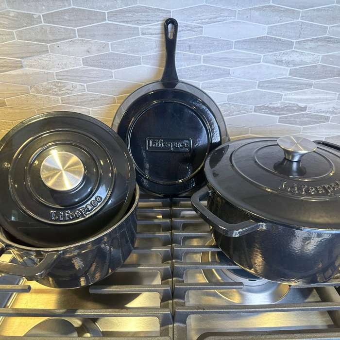 Lifespace 5-pc Black Enamel Cast Iron Pot & Skillet Set