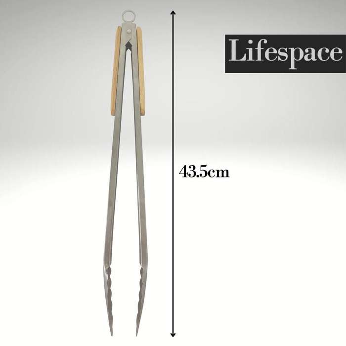 Lifespace Quality Stainless Steel Braai & Salad Tongs with Wood Handle - 40cm