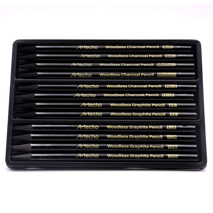 Artecho Premium Black Charcoal 24 Woodless Pencil Set & 50 Page Sketch Pad