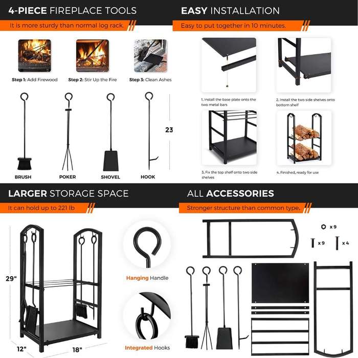 Lifespace Log Holder Set with 4 x Fireplace Tools