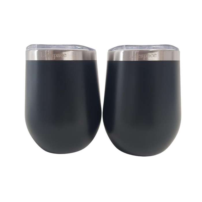 Lifespace Premium Stainless Steel Matt Black Double Walled Wine Cups / Mug - Pair