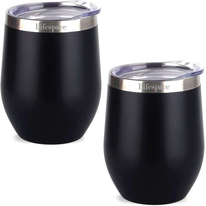 Lifespace Premium Stainless Steel Matt Black Double Walled Wine Cups / Mug - Pair