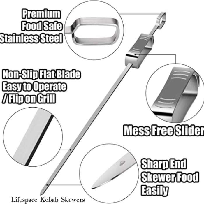 Lifespace Quality Set of 6 Stainless Steel Flat Kebab Skewers with Push Bar