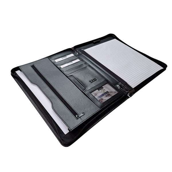 A4 Genuine Leather Zip Around Executive Folio Folder - Black
