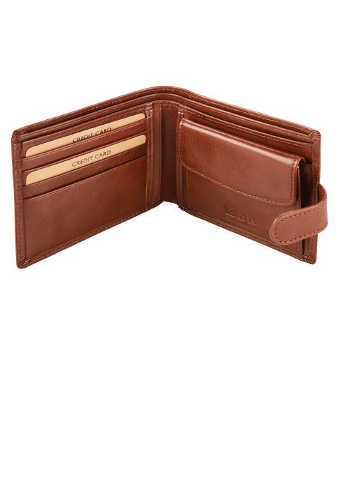 Leather Wallet With Coin Pouch & Tab Closure - Brown