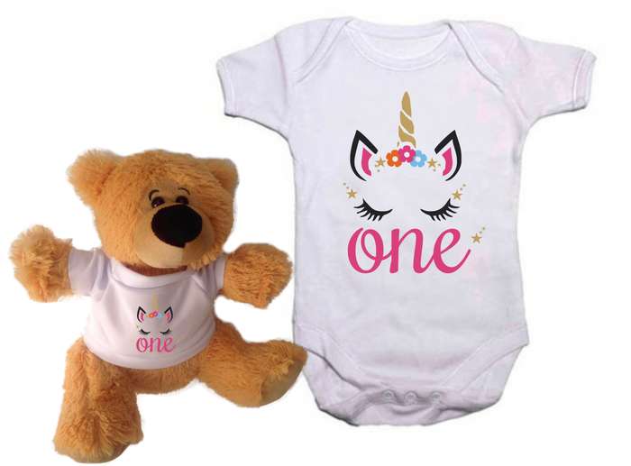 My First Birthday Unicorn Baby grow and Teddy Combo