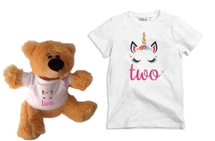 Unicorn Birthday Two Kids tee and Teddy combo