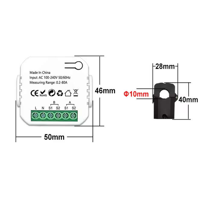 Smart Life Tuya WIFI 2CH Bidirectional Mini Power Monitor Clamp Meter | 240V | 80A | Single Phase