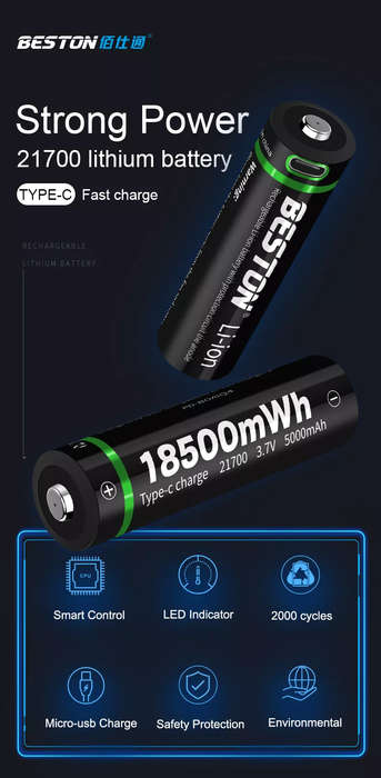 BESTON 21770 USB C Rechargeable Lithium Battery | 3.7V | 5000mAh | 1 Pack