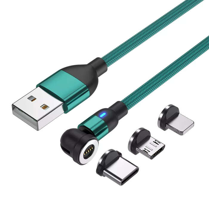3 in 1 Magnetic Cable 3A Data Fast Charging 540 Rotatable 2m Micro, USB C, IOS Nylon Braided (Green)