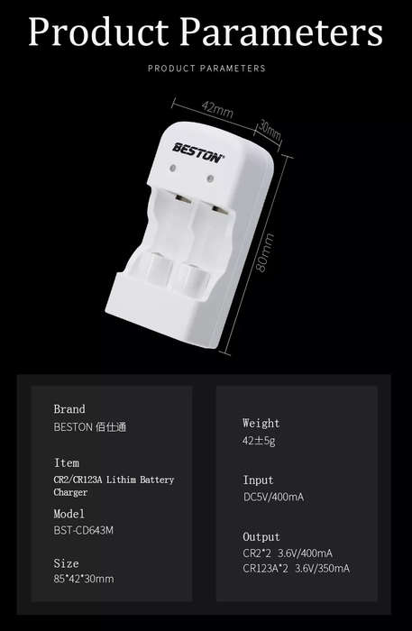 BESTON CR2 Rechargeable LiFePO4 Battery | 15270 | 3V | 300mAh | 2 Pack w/ Battery Charger