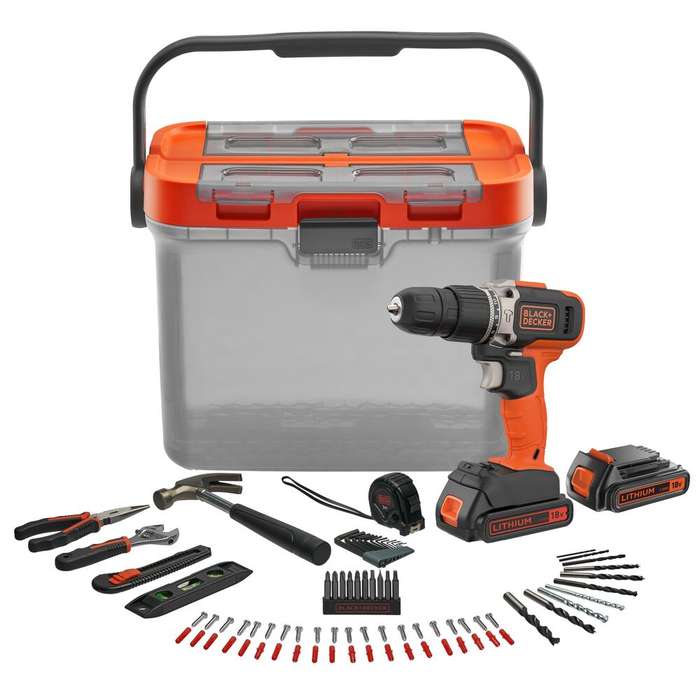 Black & Decker 18V Hammer Drill + 2x1.5Ah 400mA + 78 Accs &Tra Box | BCKSB03-QW