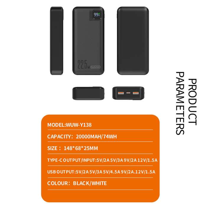 WUW Y138 Power Bank 20000mAh 22.5W Quick Charge PD - BLACK