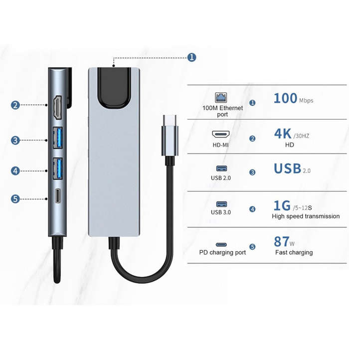 Docking Station Portable USB-C Hub 5-in-1 Adapter Multi-Port Converter