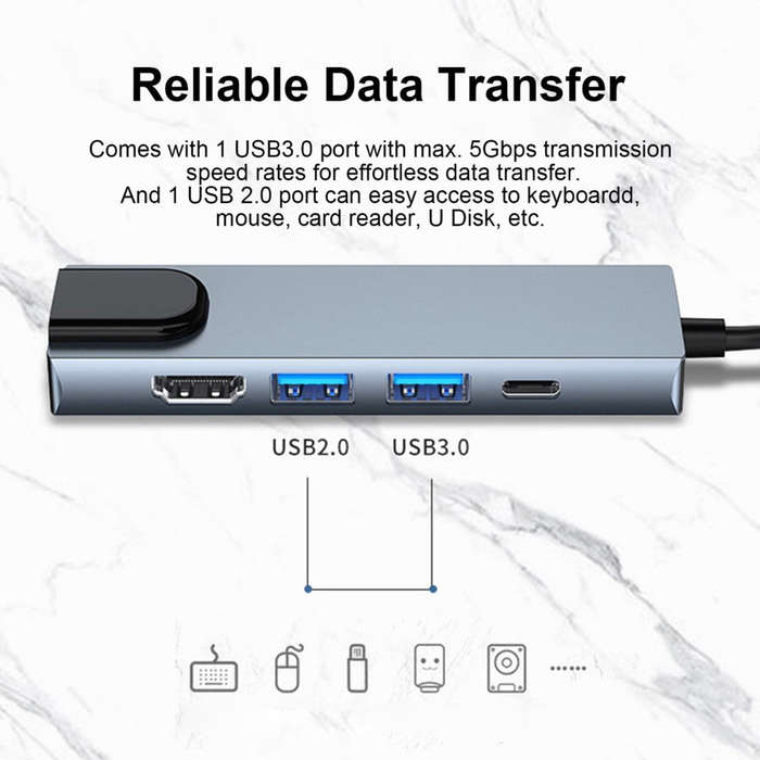 Docking Station Portable USB-C Hub 5-in-1 Adapter Multi-Port Converter