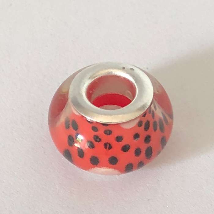 Bead Fitting Pandora Murano-Type Tangerine Small Black & Large White Spots
