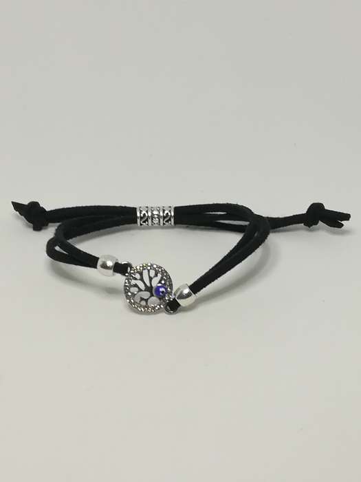 Black Rope & 'Silver' Bracelet & Round Evil Eye Charm ('Silver' & Blue)