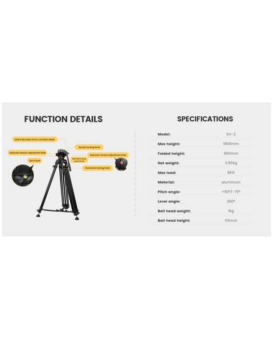 Fotopro Aluminium Heavy-Duty Fluid Head Video Tripod Stand - DV-2