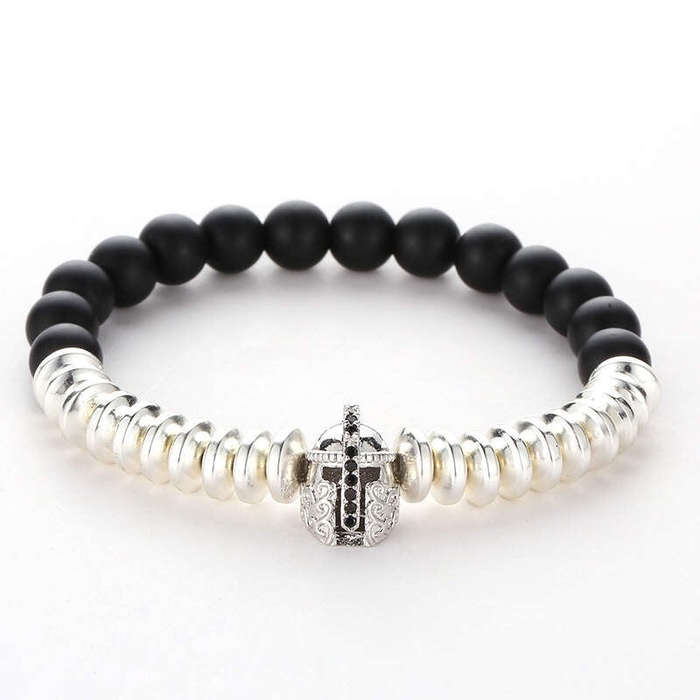 Argent Craft Black Matte Agate Stone & Rings With Silver Knight Helmet