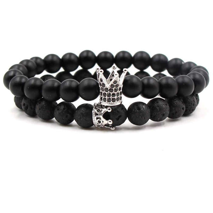 Argent Craft Natural Lava Stone & Black Matte Agate Stone Couples Bracelet with King and Queen Cr...