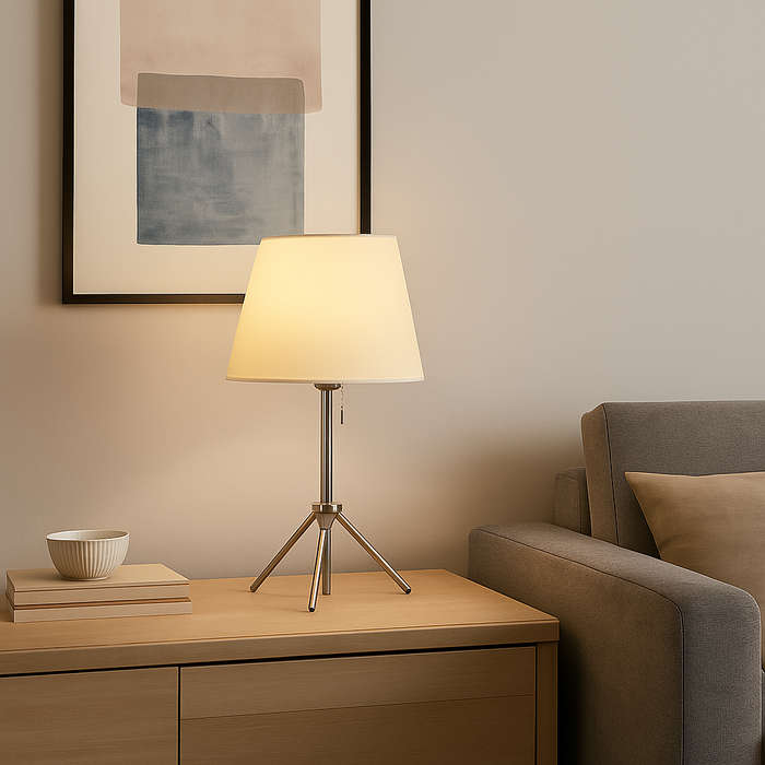 Tripod Chrome Table Lamp & Fabric Shade
