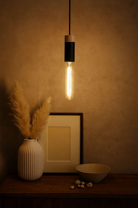 Matt Black & Oak Pendant Light