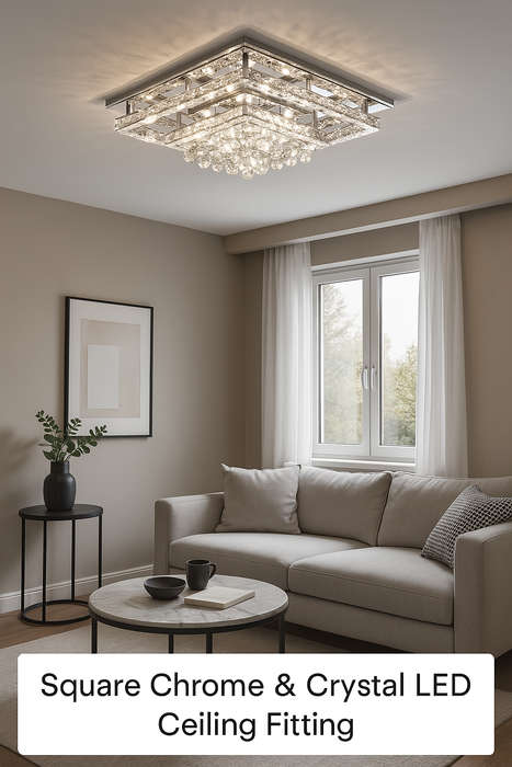Square Chrome & Crystal LED Ceiling Fitting