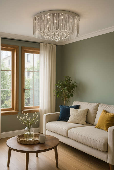 Polished Chrome, Glass & Crystal Ceiling Fitting