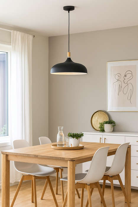 Black Pendant Light with Wood Accent