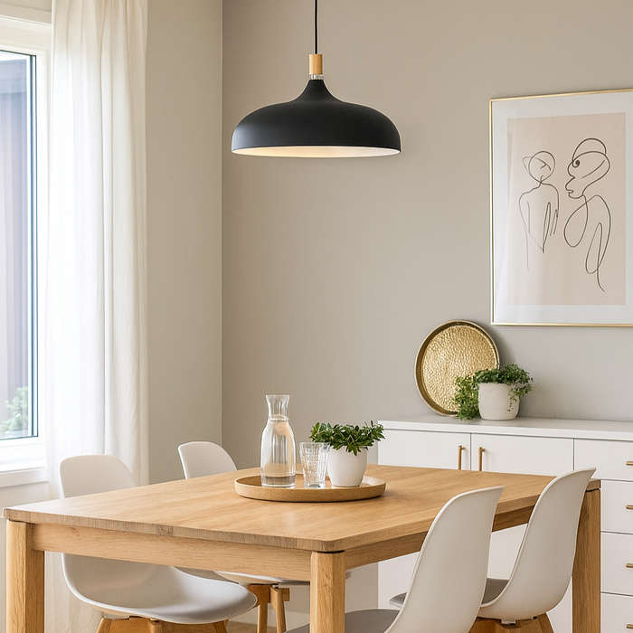 Black Pendant Light with Wood Accent