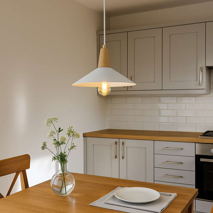 Metal & Wood Pendant with White Shade