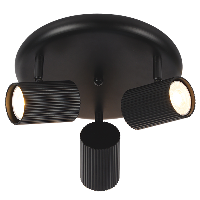 3 Light Ribbed Matt Black Ceiling Spotlight