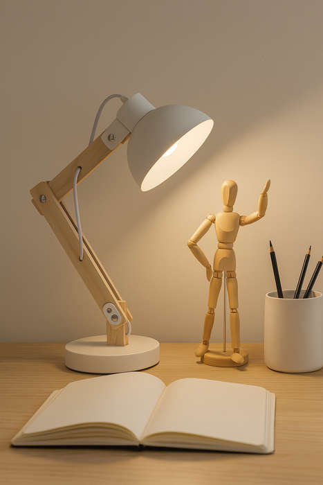 White Wood Metal Desk Lamp Swivel Arm