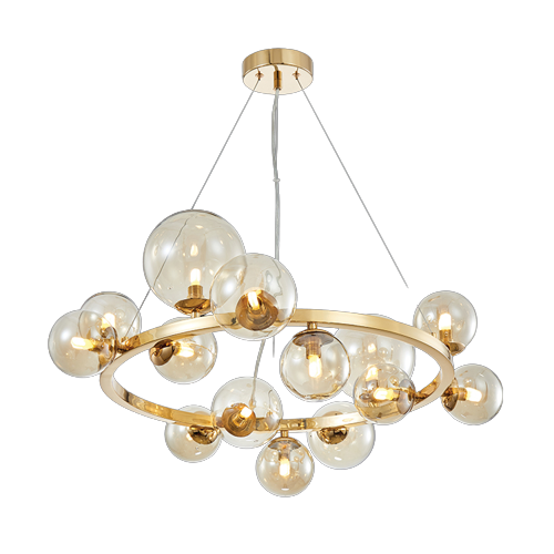 Round 14L Bubble Pendant French Gold with Cognac Glass