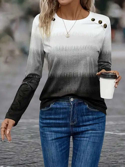Ombre Casual Long Sleeve Button Decor Top (Size Large)