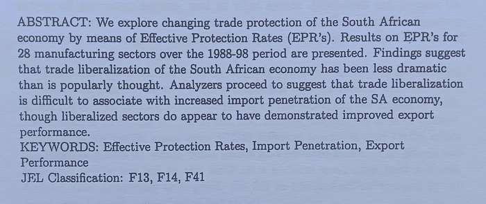 The Nature of South Africa's Trade Patterns by Economic Sector, and the Extent of Trade Liberaliz...