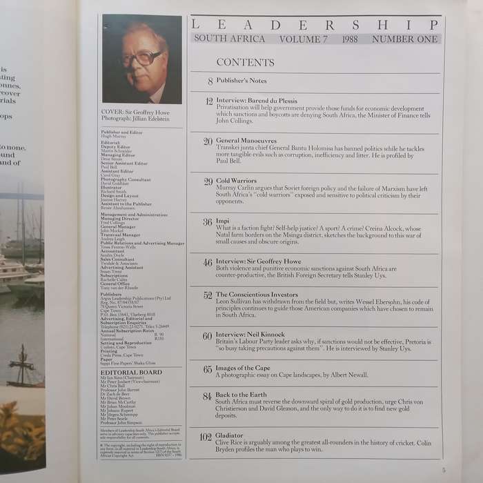 Leadership SA (Volume 7, No. 1, 1988, with article on cricketer Clive Rice)