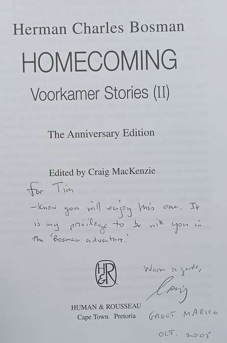 Homecoming: Voorkamer Stories II (Inscribed by Editor in the Groot Marico) | Herman Charles Bosman