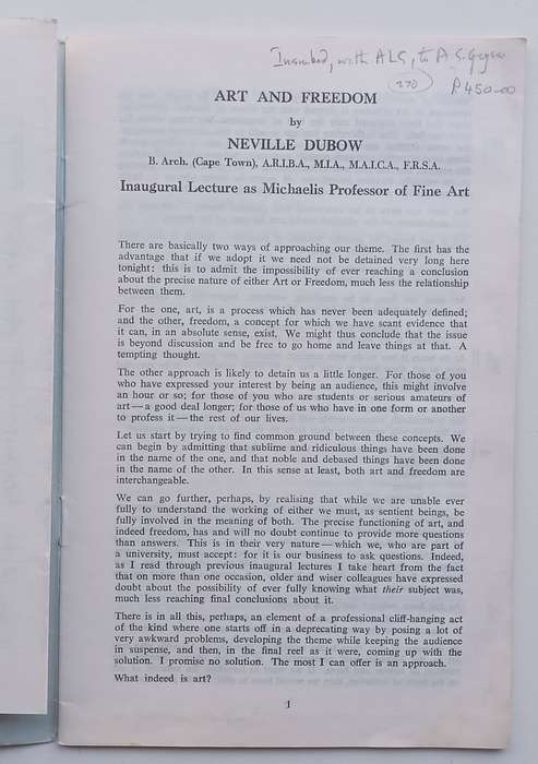 Art and Freedom: Inaugural Lecture (Inscribed by Author, with Letter) | Neville Dubow