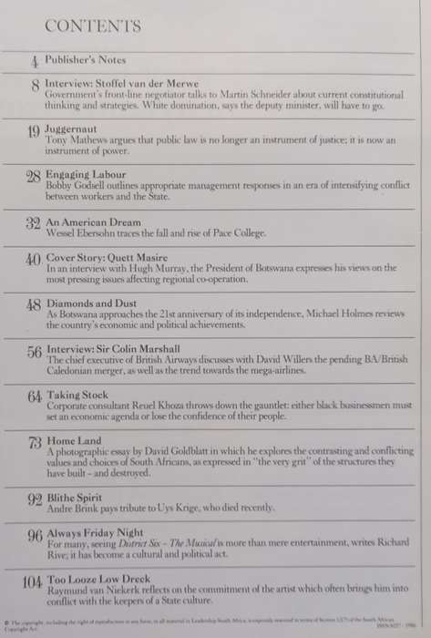 Leadership SA (Volume 6, No. 4, 1987, with Photographic Essay by David Goldblatt)
