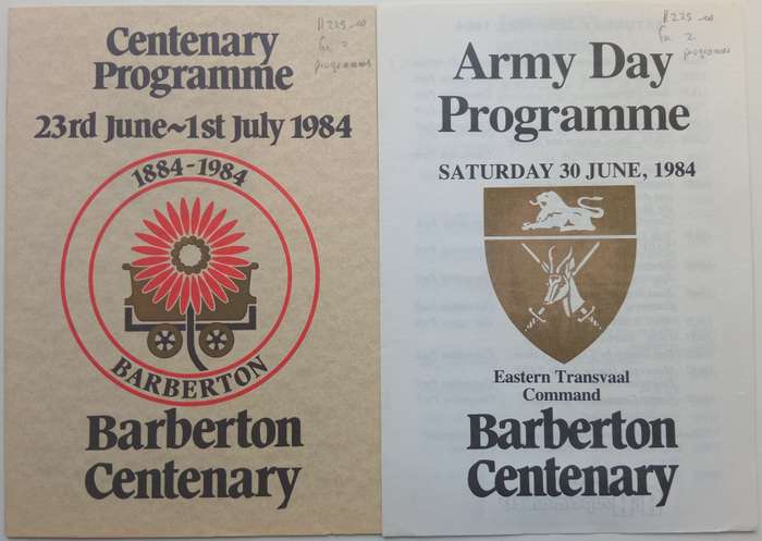 Centenary Programme & Army Day Programme for the Barberton Centenary, 1984 (2 Pamphlets)