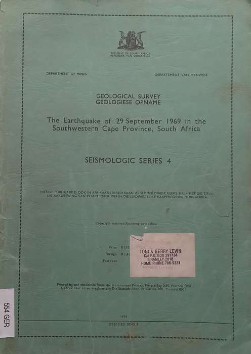 The Earthquake of 29 September 1969 in the Southwestern Cape Province, South Africa