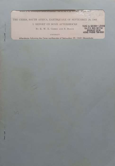 The Ceres, South Africa, Earthquake of September 29, 1969: Report on Some Aftershocks (Copy of Ge...