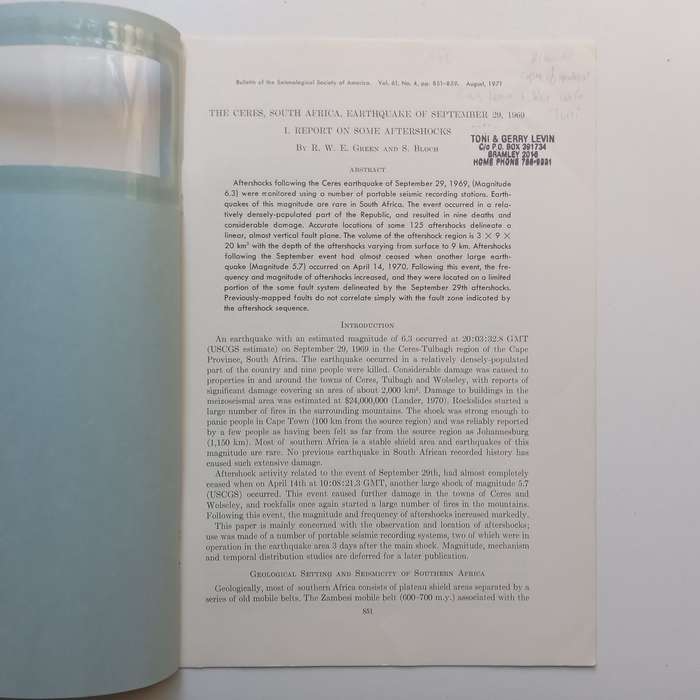 The Ceres, South Africa, Earthquake of September 29, 1969: Report on Some Aftershocks (Copy of Ge...