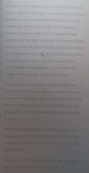 Ways of Staying (Inscribed by Author to fellow SA author Rian Malan) | Kevin Bloom