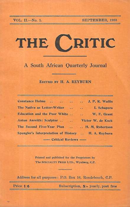 The Critic: A South African Quarterly Journal (Vol. 2, No. 1, September, 1933)