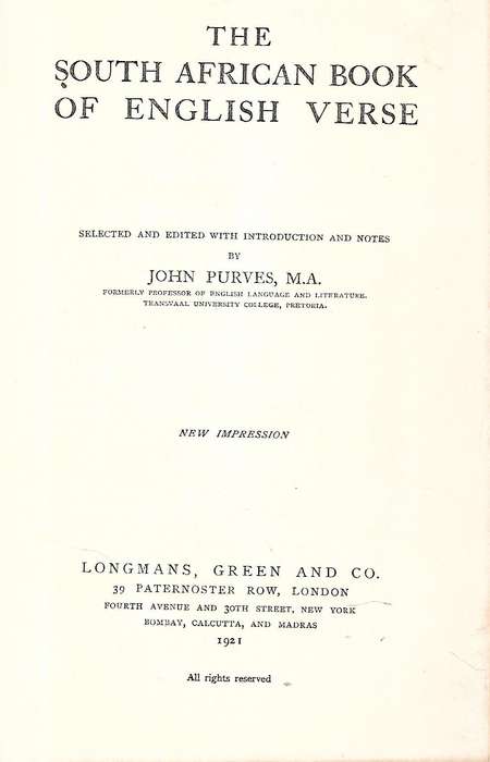 The South African Book of English Verse (Published 1921) | John Purves (Ed.)