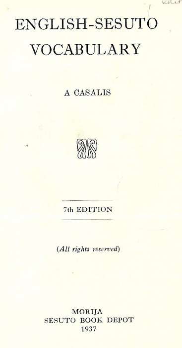 English-Sesuto Vocabulary (Published 1937, 7th Edition) | A. Casalis